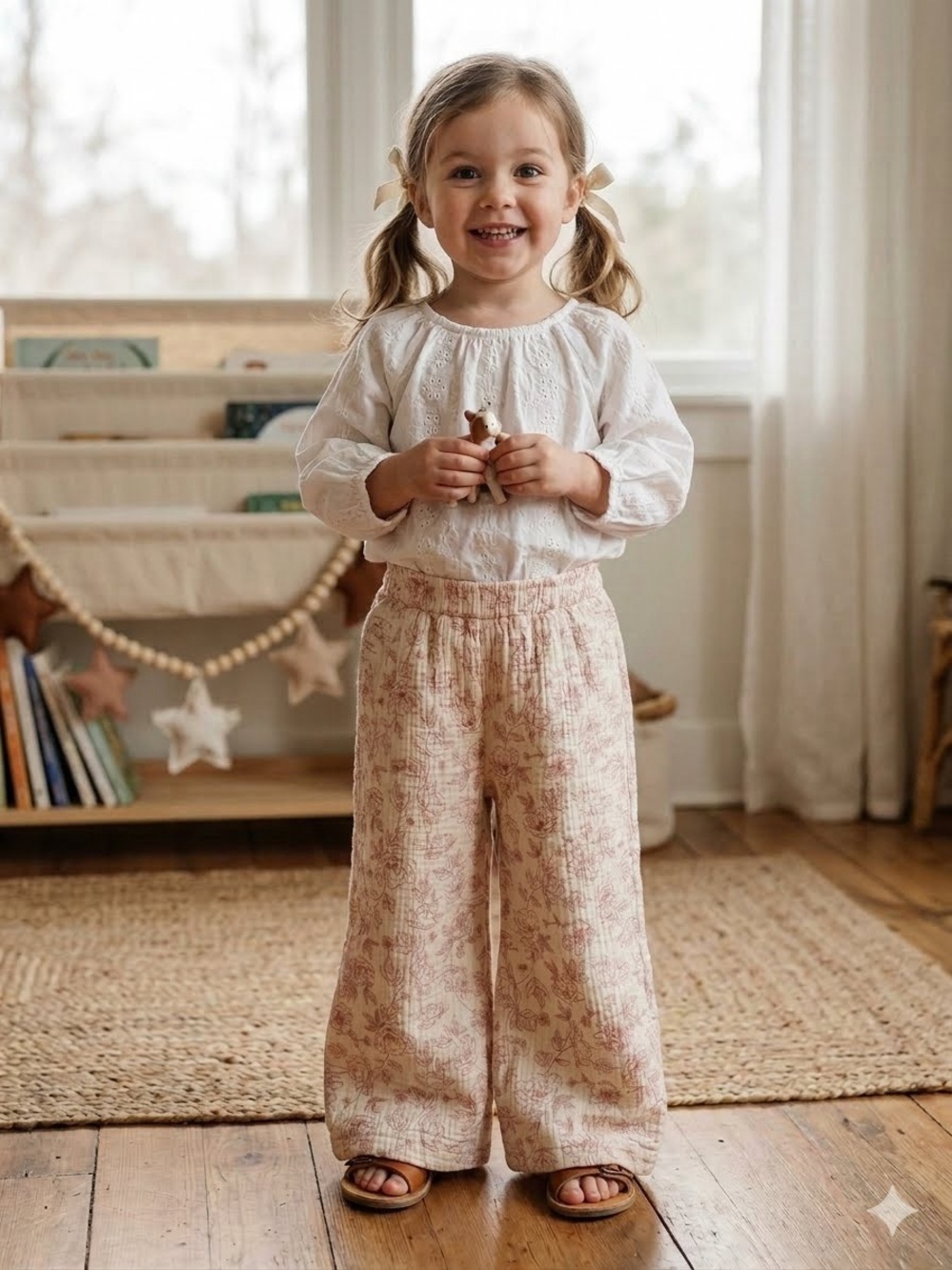 Rabbit + Bear 100% Organic Cotton Muslin Floral Wide Leg Pants Size 4T